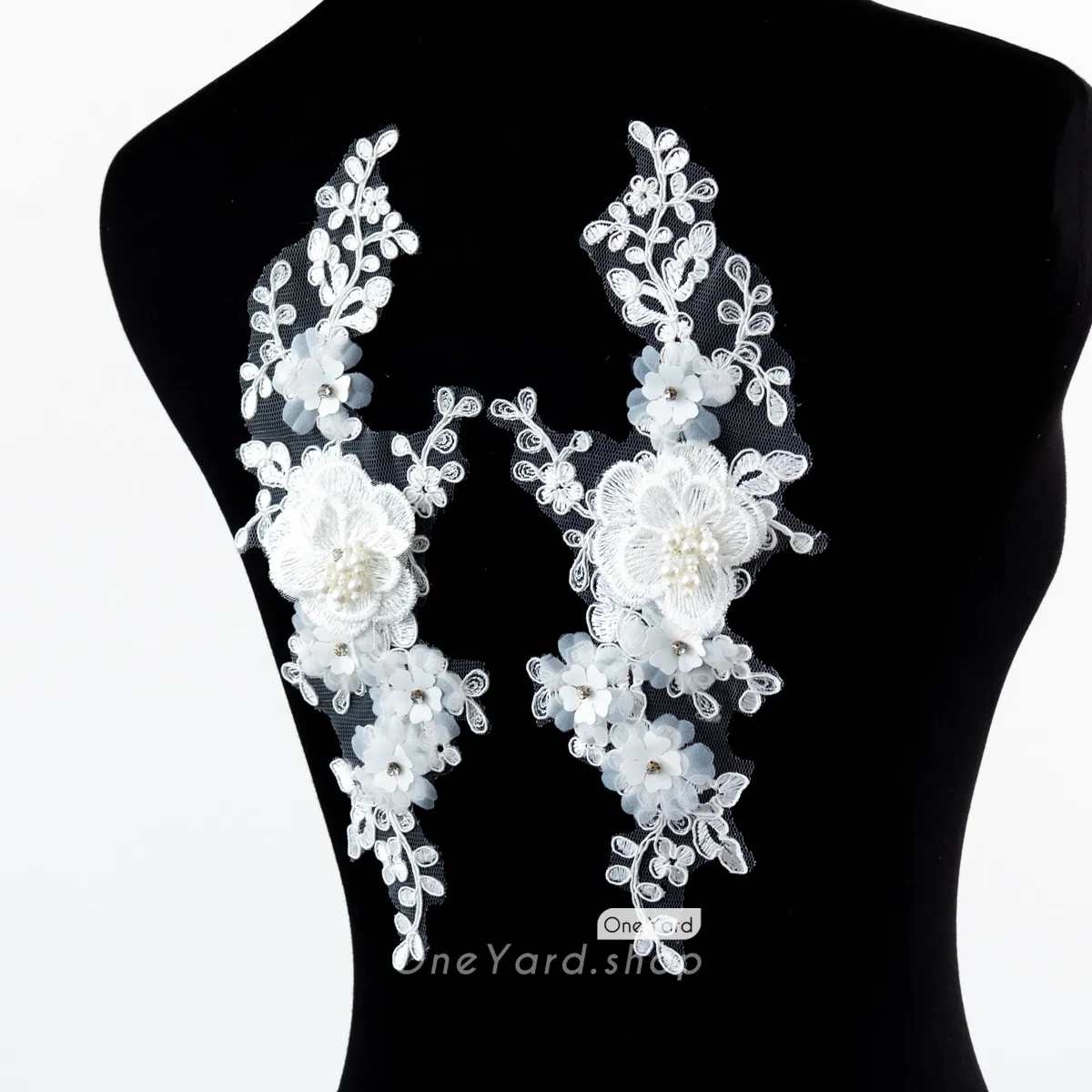 off white pearled 3d floral lace applique