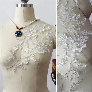 off white flower lace applique with silver corded edge