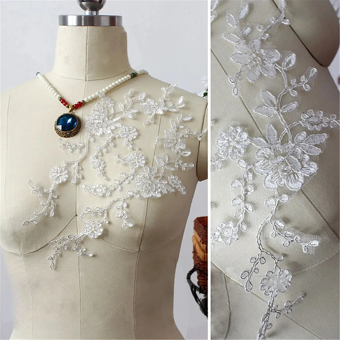 off white flower lace applique with silver corded edge