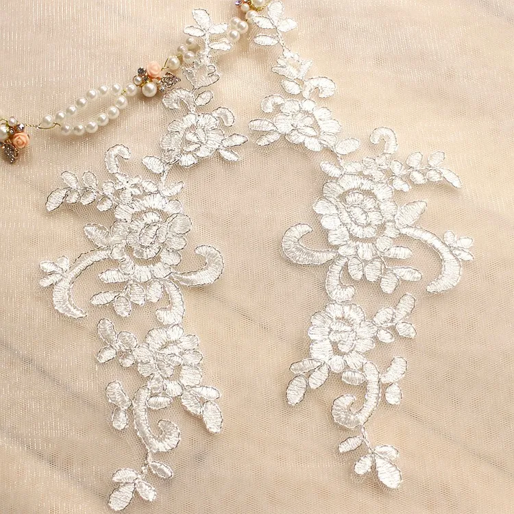 off white corded lace applique with silver edge