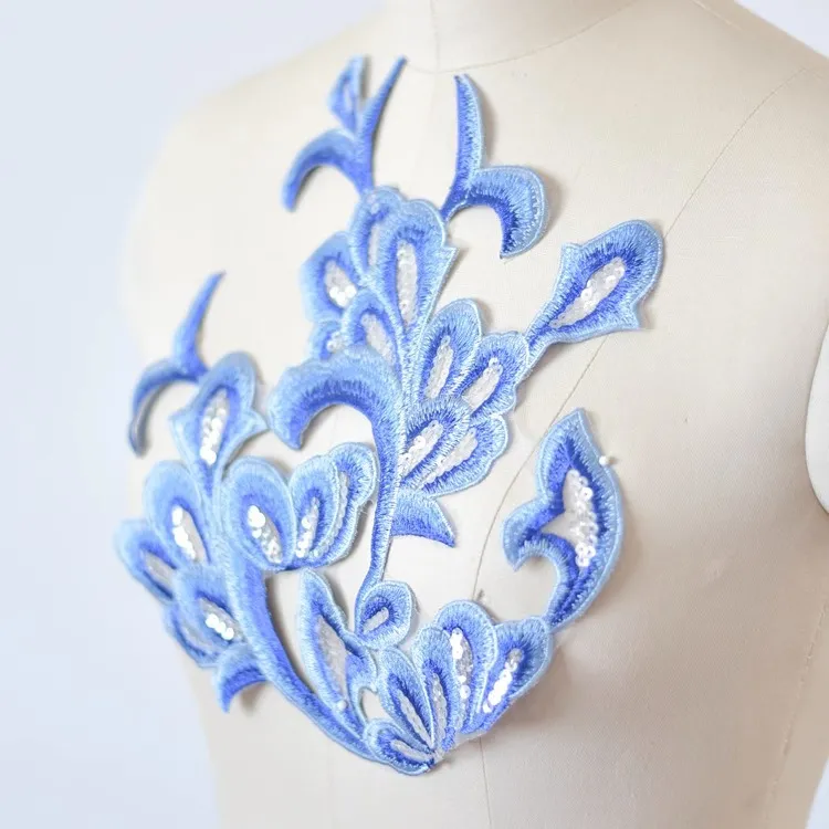 sequinned blue embroidery lace applique