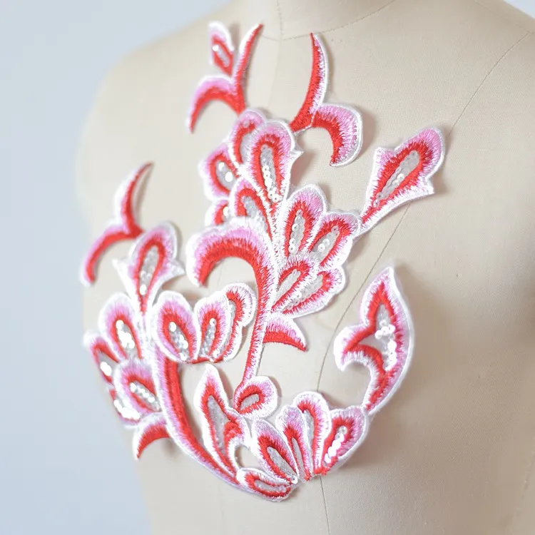 sequinned pink red embroidery lace applique