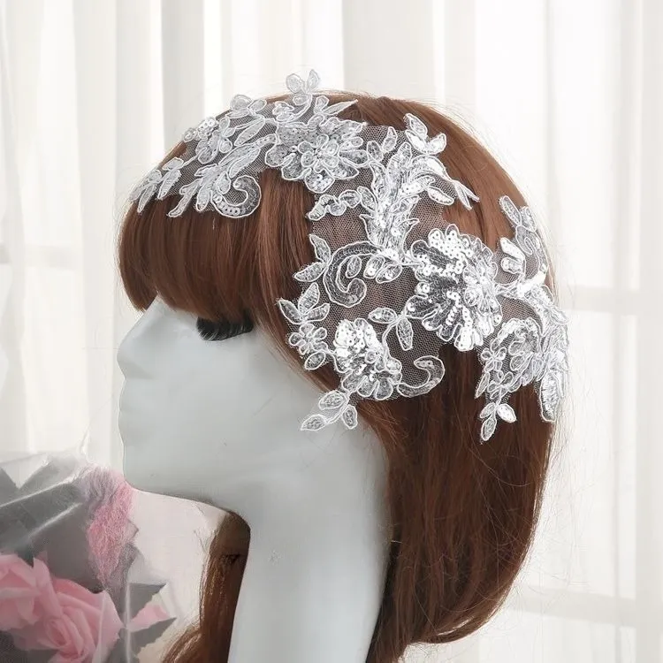 off white sequinned lace applique for wedding headpiece