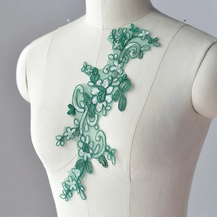 green sequinned lace applique for formal dress
