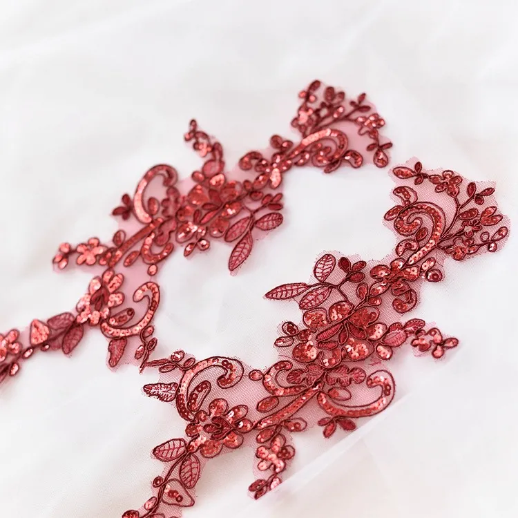 sequinned burgundy lace appliques