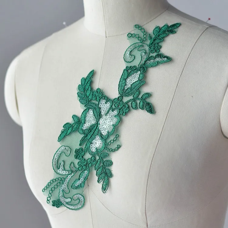 green sequinned dress lace applique
