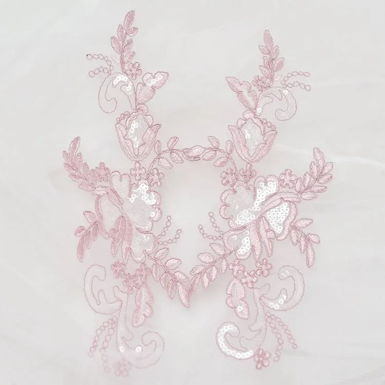 sparkly sequinned light mauve lace applique floral patch