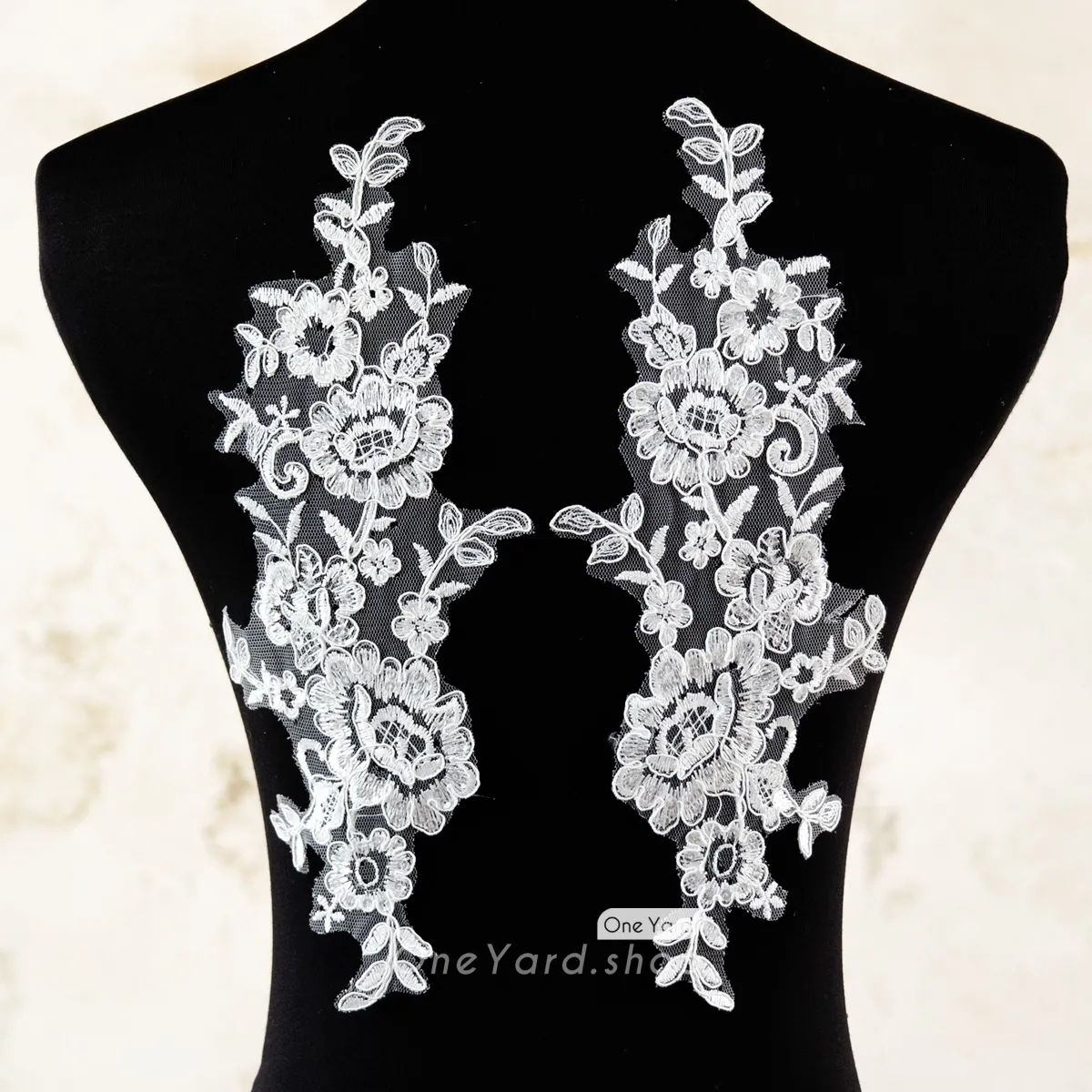 shimmering sequinned bridal lace applique floral motif
