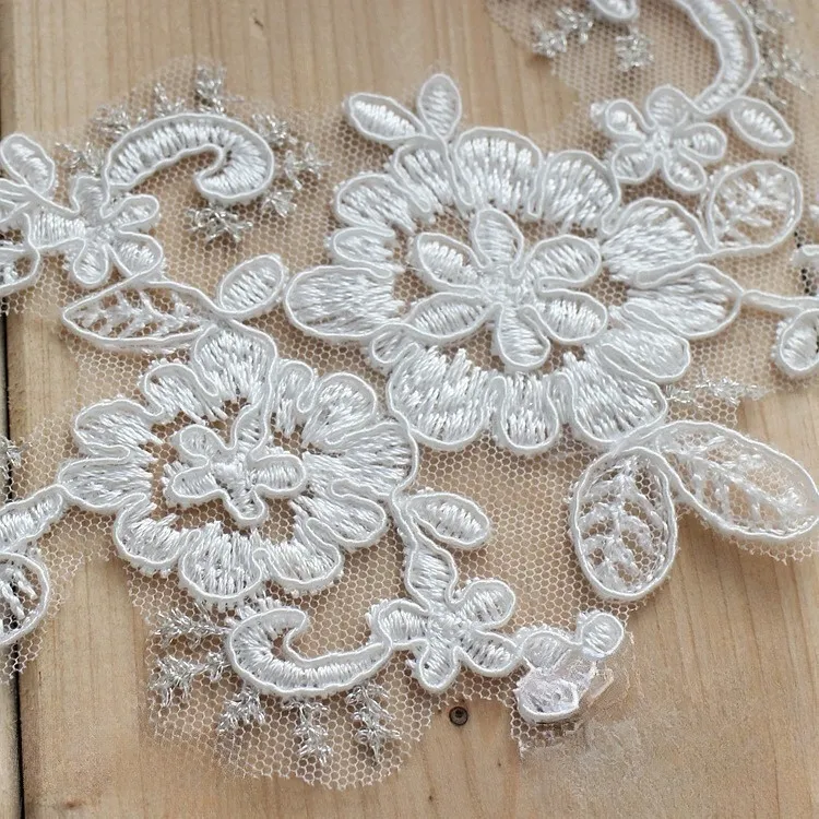 off white floral lace applique with shimmering silver leaf