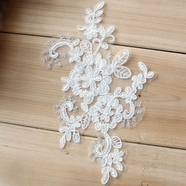 unique off white floral lace applique with silver leaf