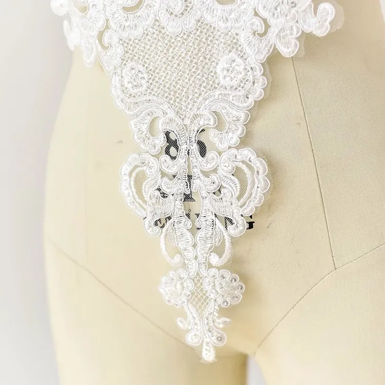 sequinned symmetrical lace applique for bridal dress