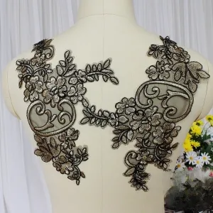 gold thread embroidery applique on black mesh for dress