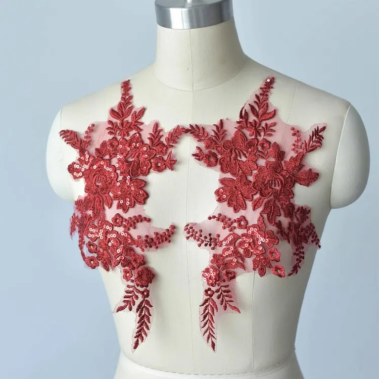 burgundy sequinned floral lace applique for prom dress