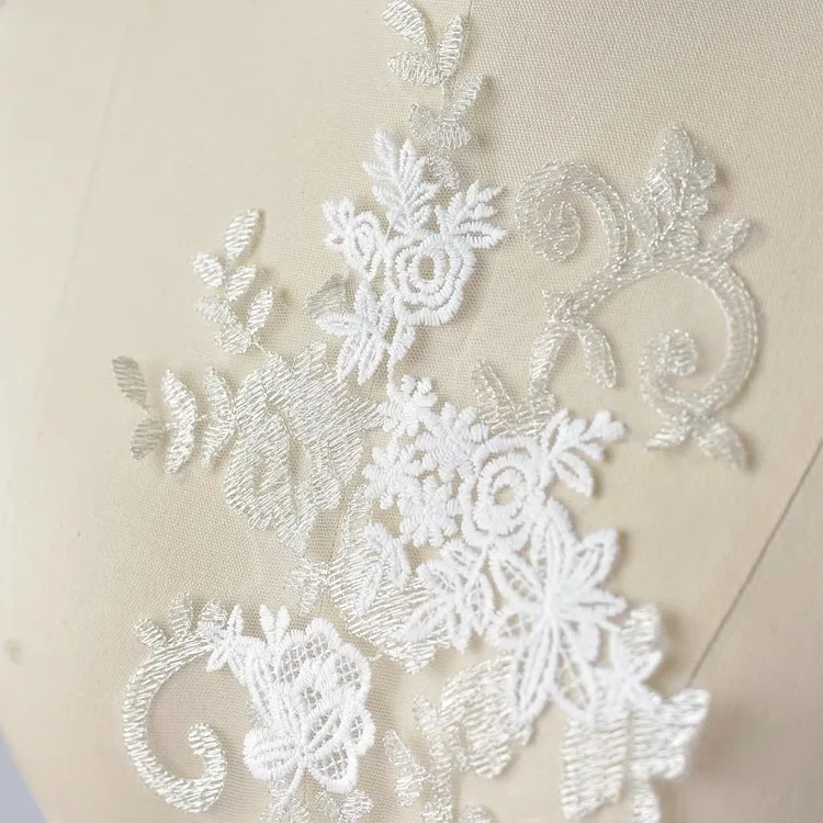 off white bridal floral lace applique with silver threads