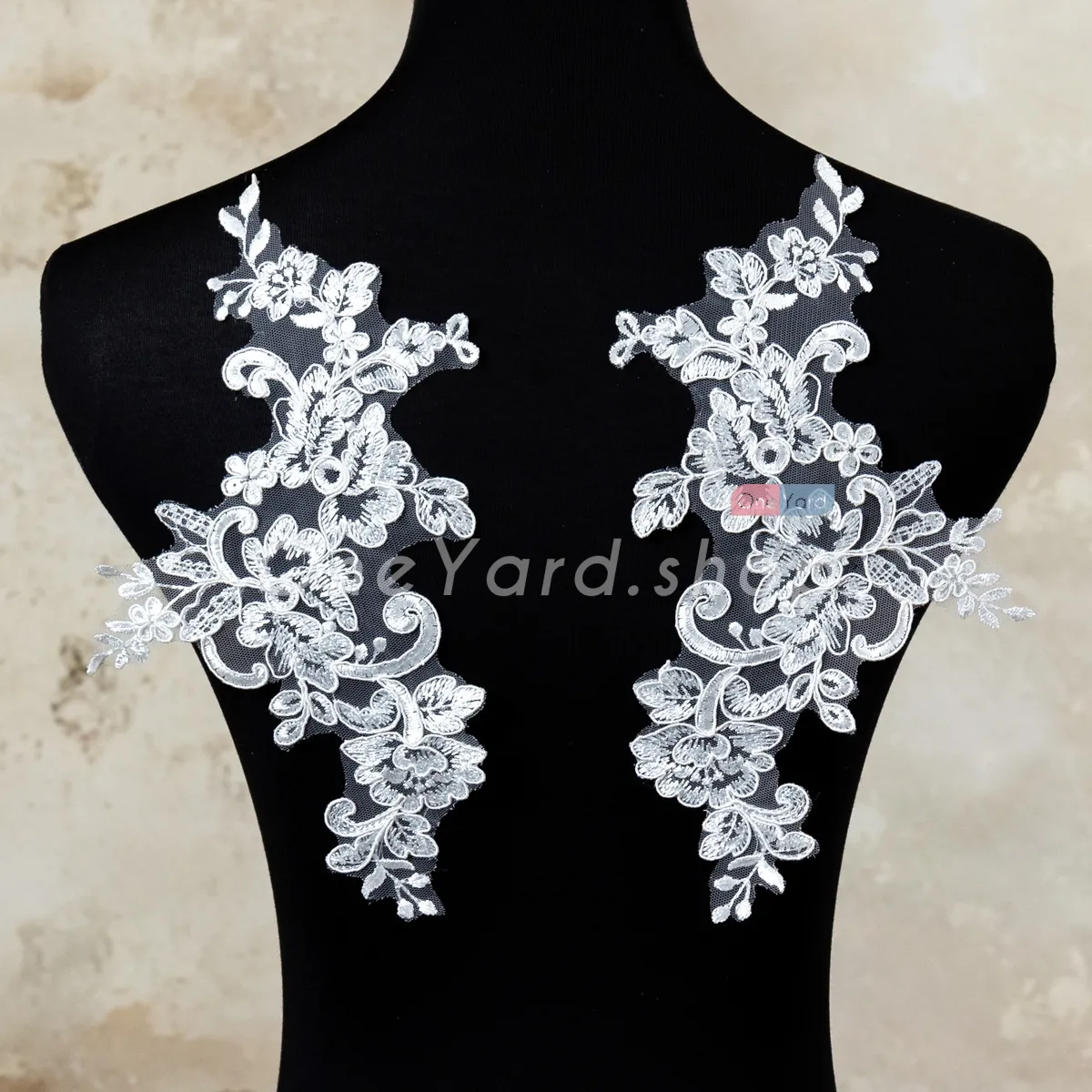 clear sequinned polyester floral lace applique pair