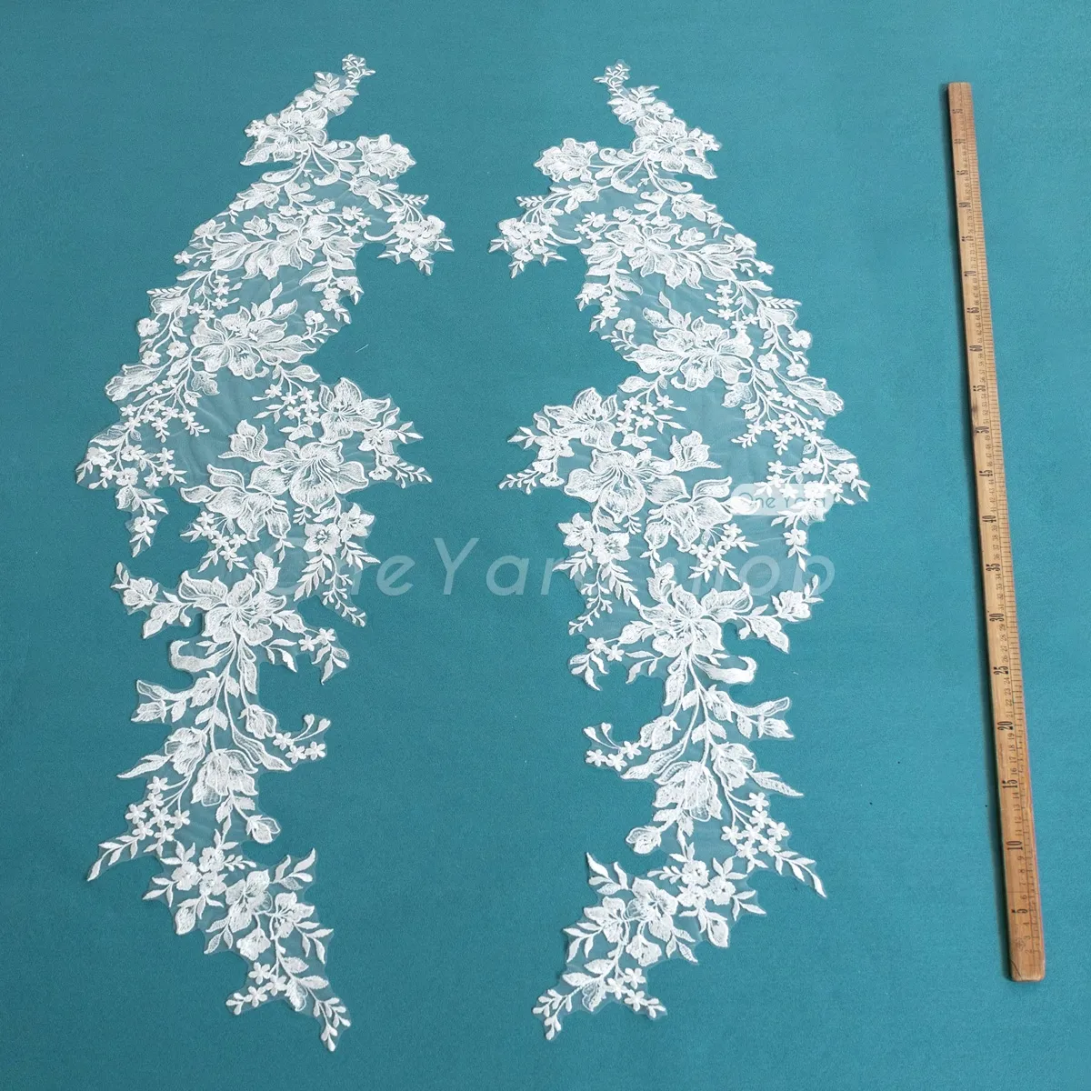 sequinned large size floral pattern off white lace appliques