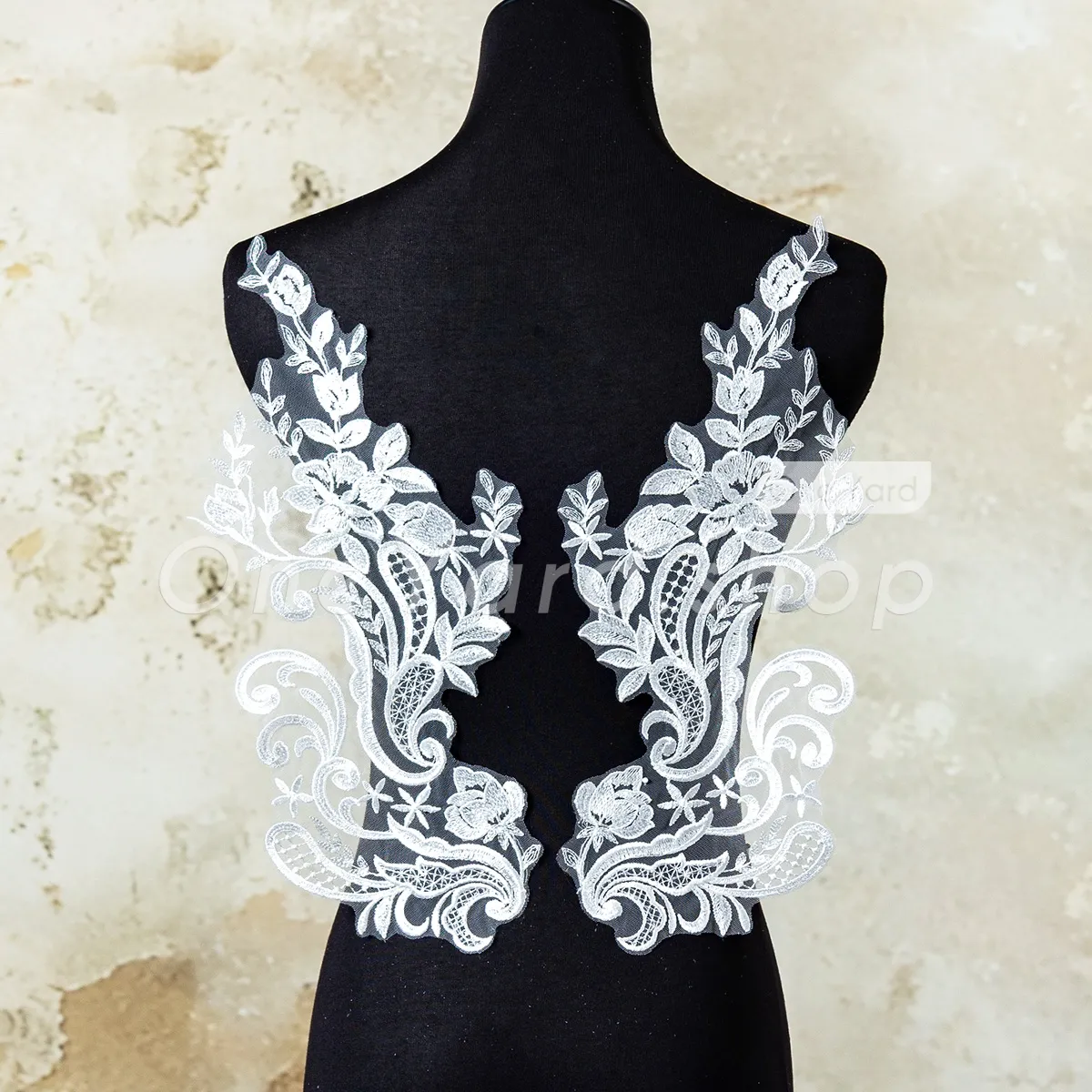pair of clear sequinned white swirl floral lace appliques