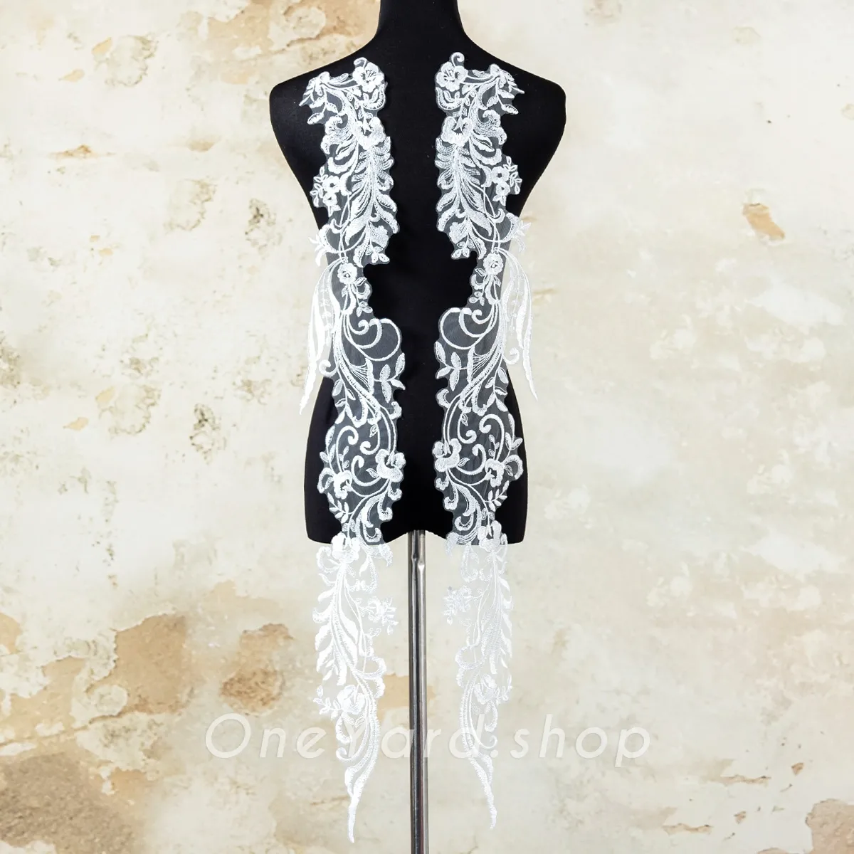sequinned long floral vine mirrored lace applique pair