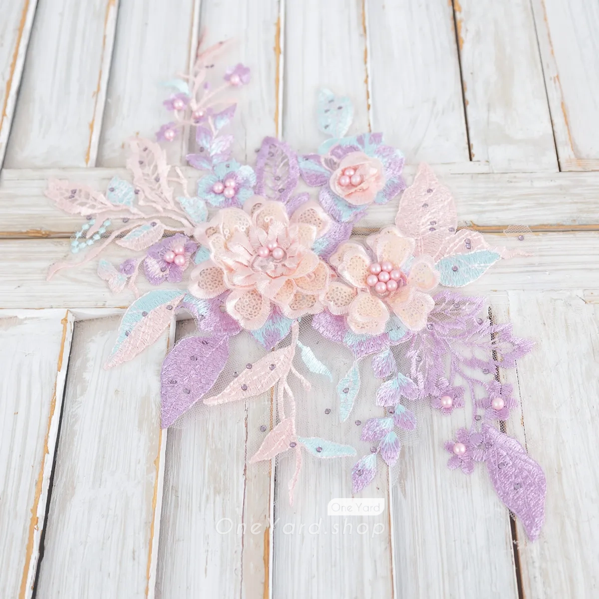 beaded sequinned and pearled lilac blush 3D flower lace applique