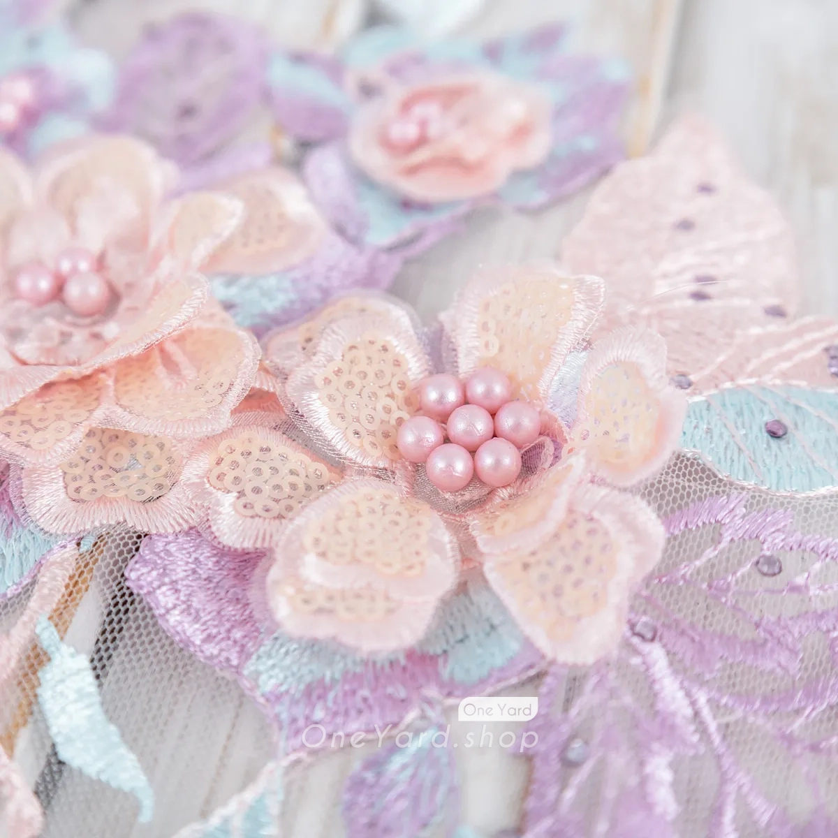beautiful 3D floral pearled lilac and blush applique