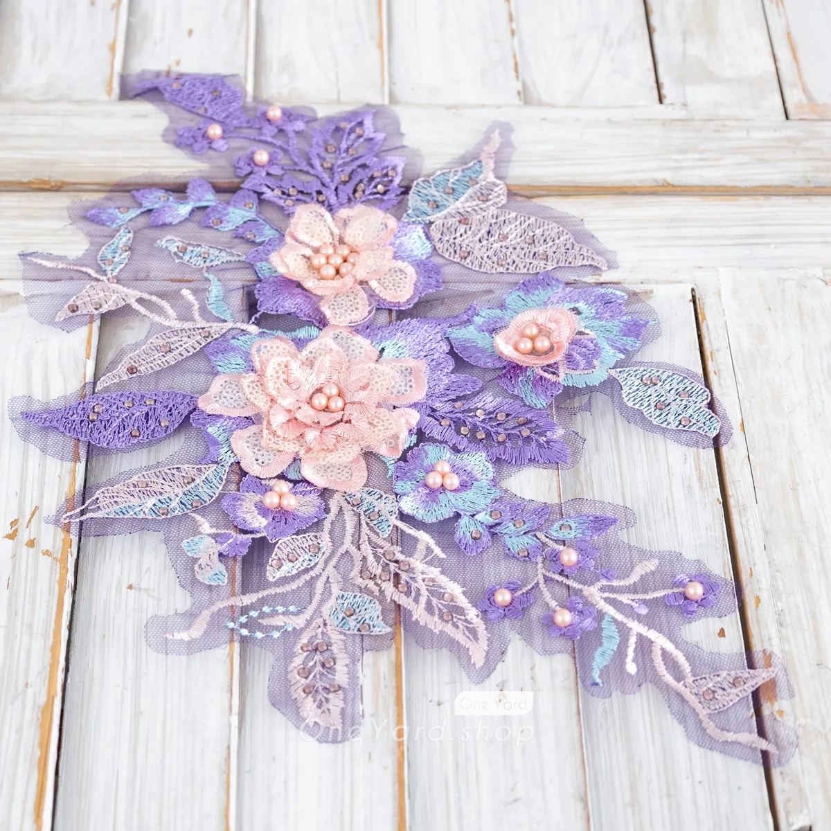 beaded purple pink 3d flower applique