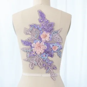 intricate beaded purple pink 3d flower applique