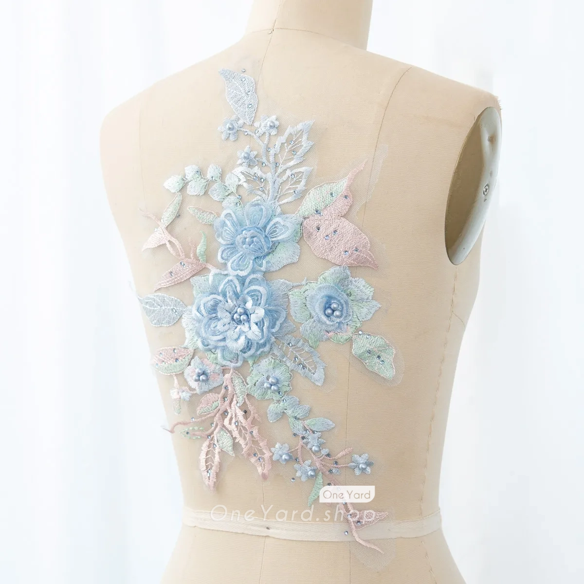 pearled baby blue 3d floral applique