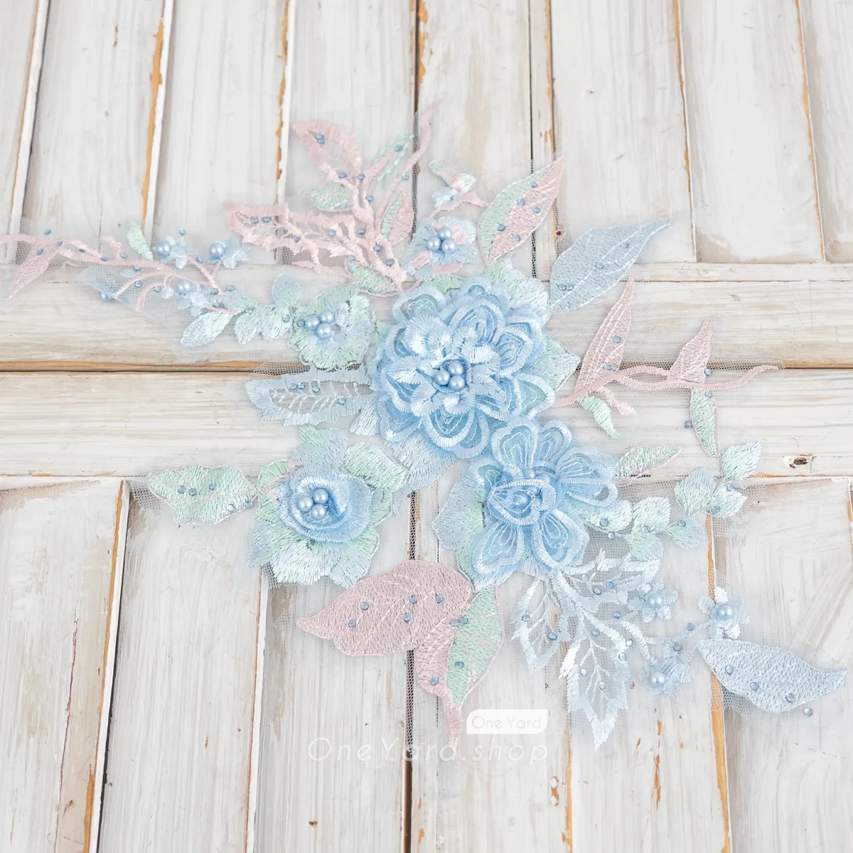 romantic and feminine baby blue 3D flower applique