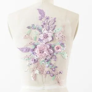 beaded purple pink and green 3d flower lace applique