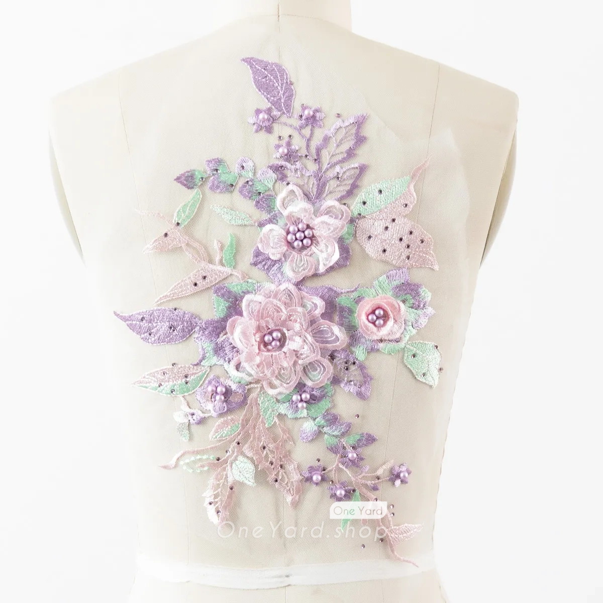 beaded purple pink and green 3d flower lace applique
