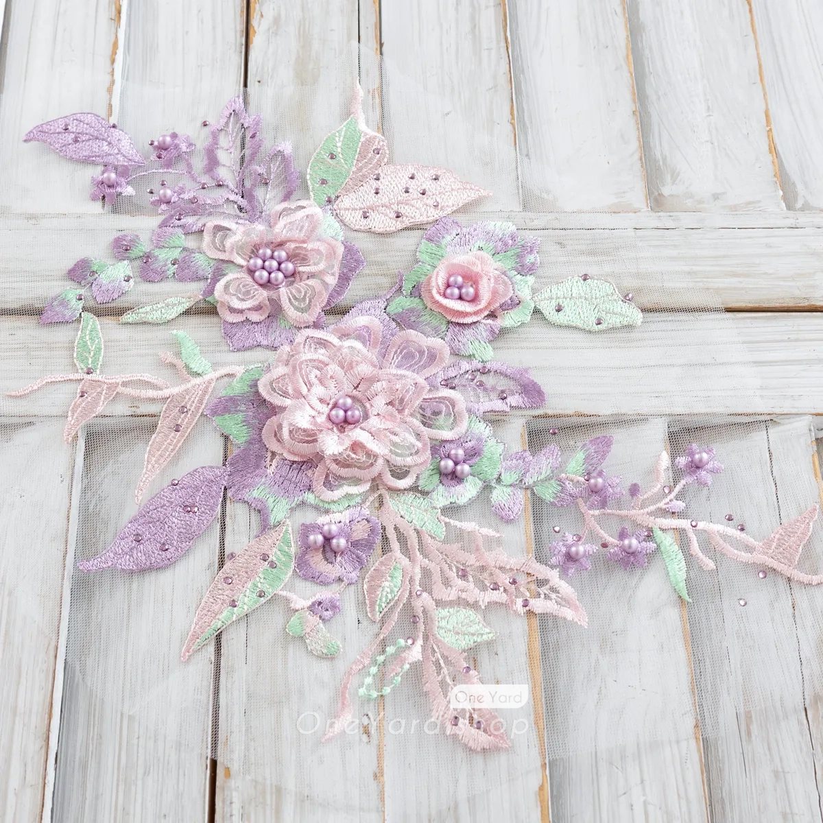 purple pink and green 3D flower embroidery lace applique