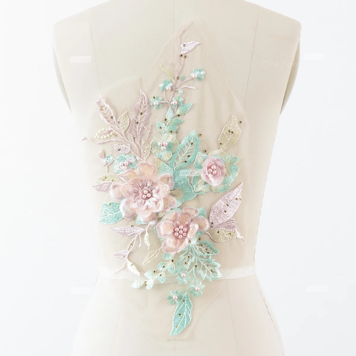 beautiful piece of pearled pink green 3d floral motif