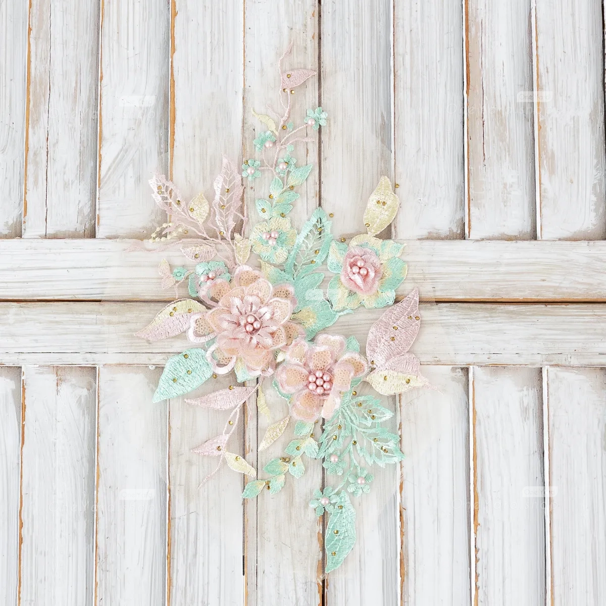 beautiful piece of pink green 3D floral embroidery lace motif