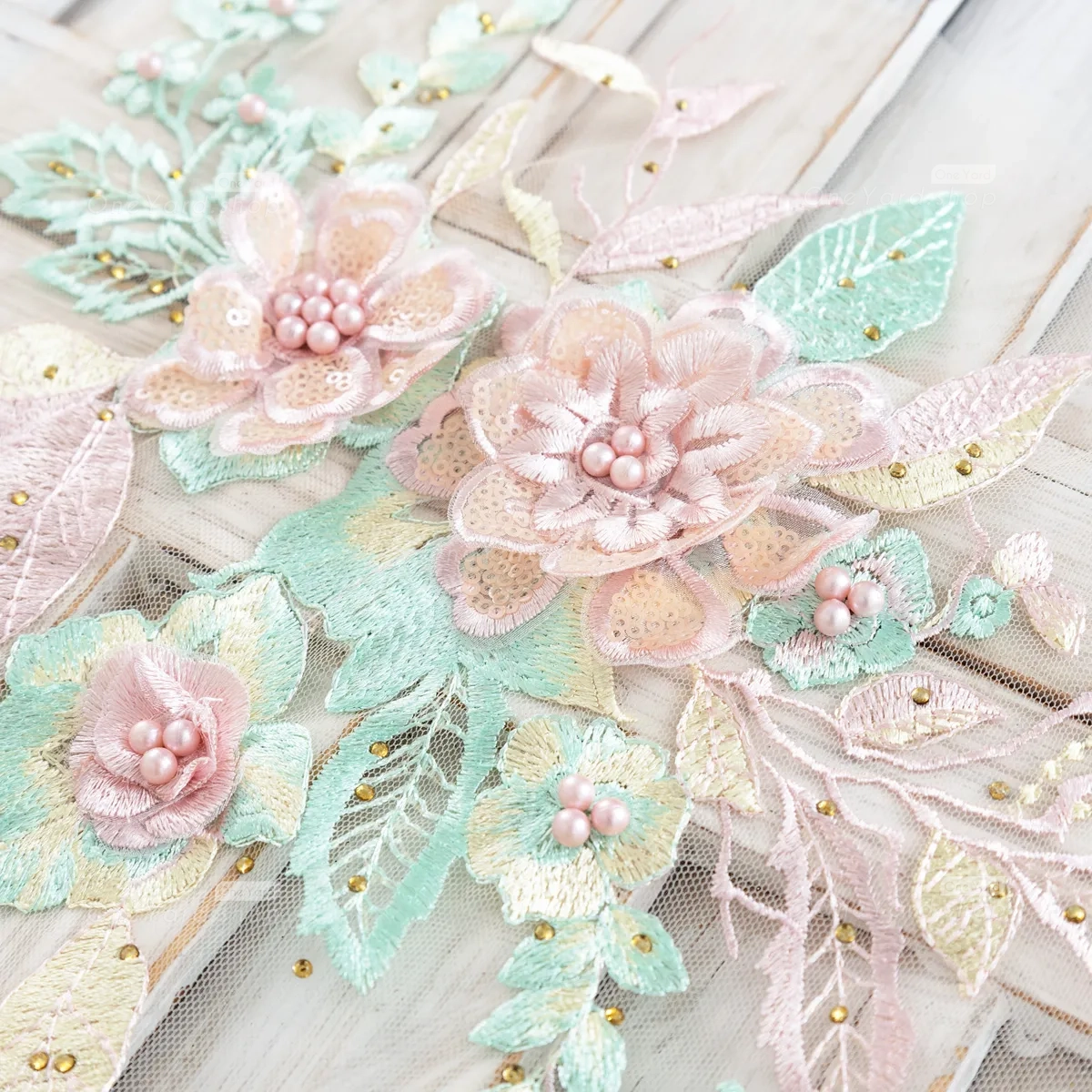 pearled pink and green lace applique