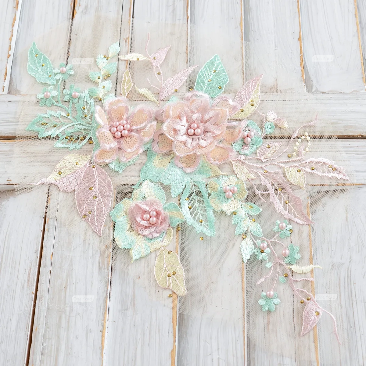 pink green 3D floral embroidery beaded lace motif