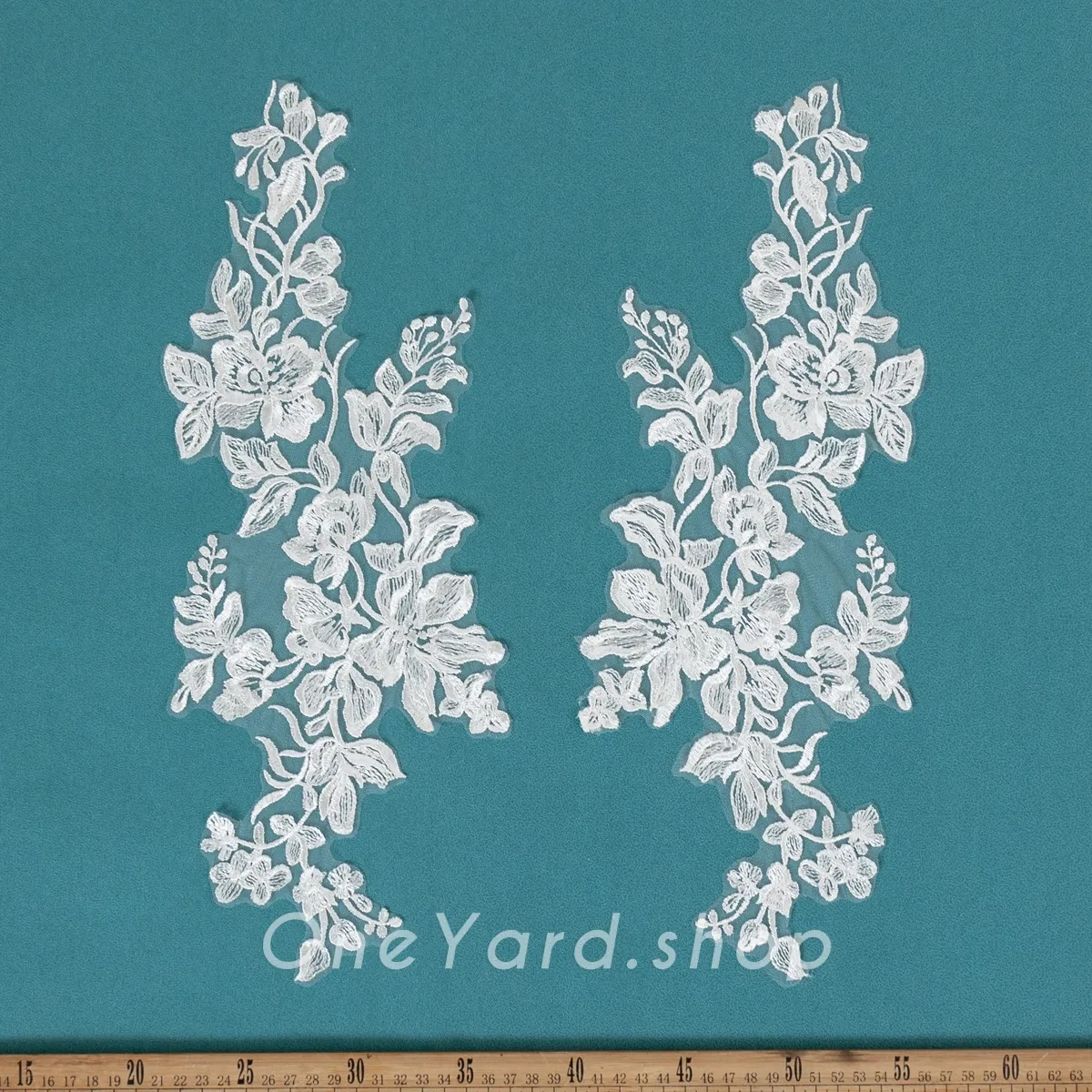 off white floral motif embroidery lace applique pair