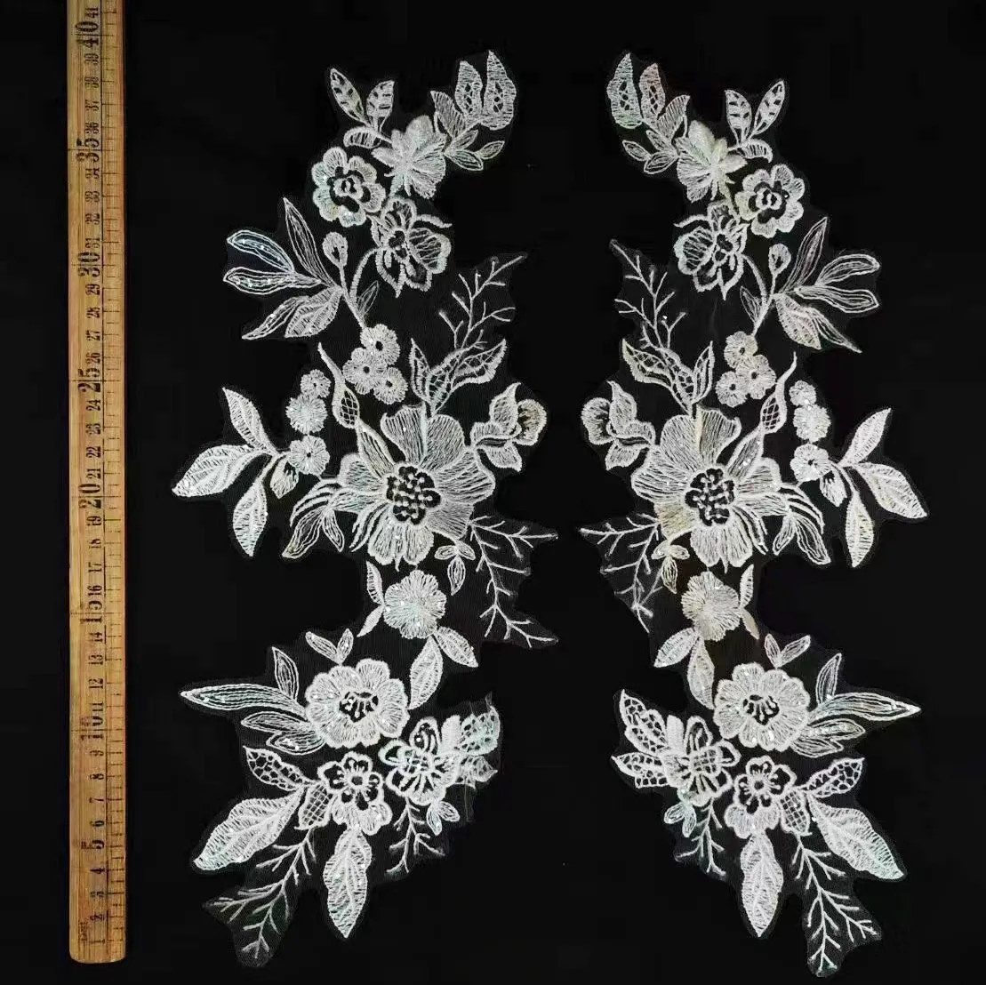 sequinned flower embroidery lace applique motif pairs