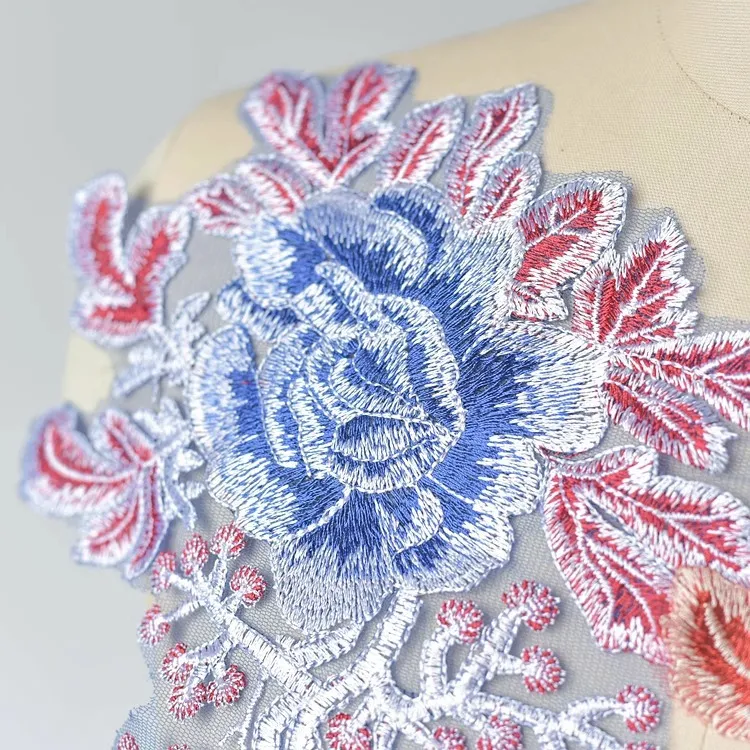 red and blue floral embroidery appliques