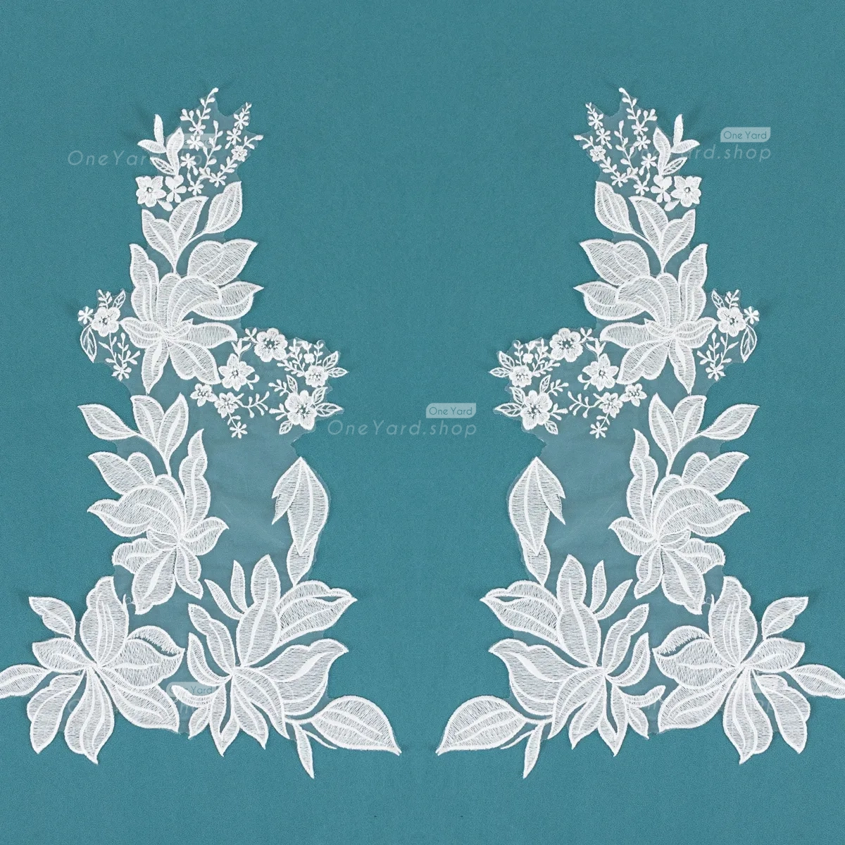 soft white cotton lace applique with a floral design