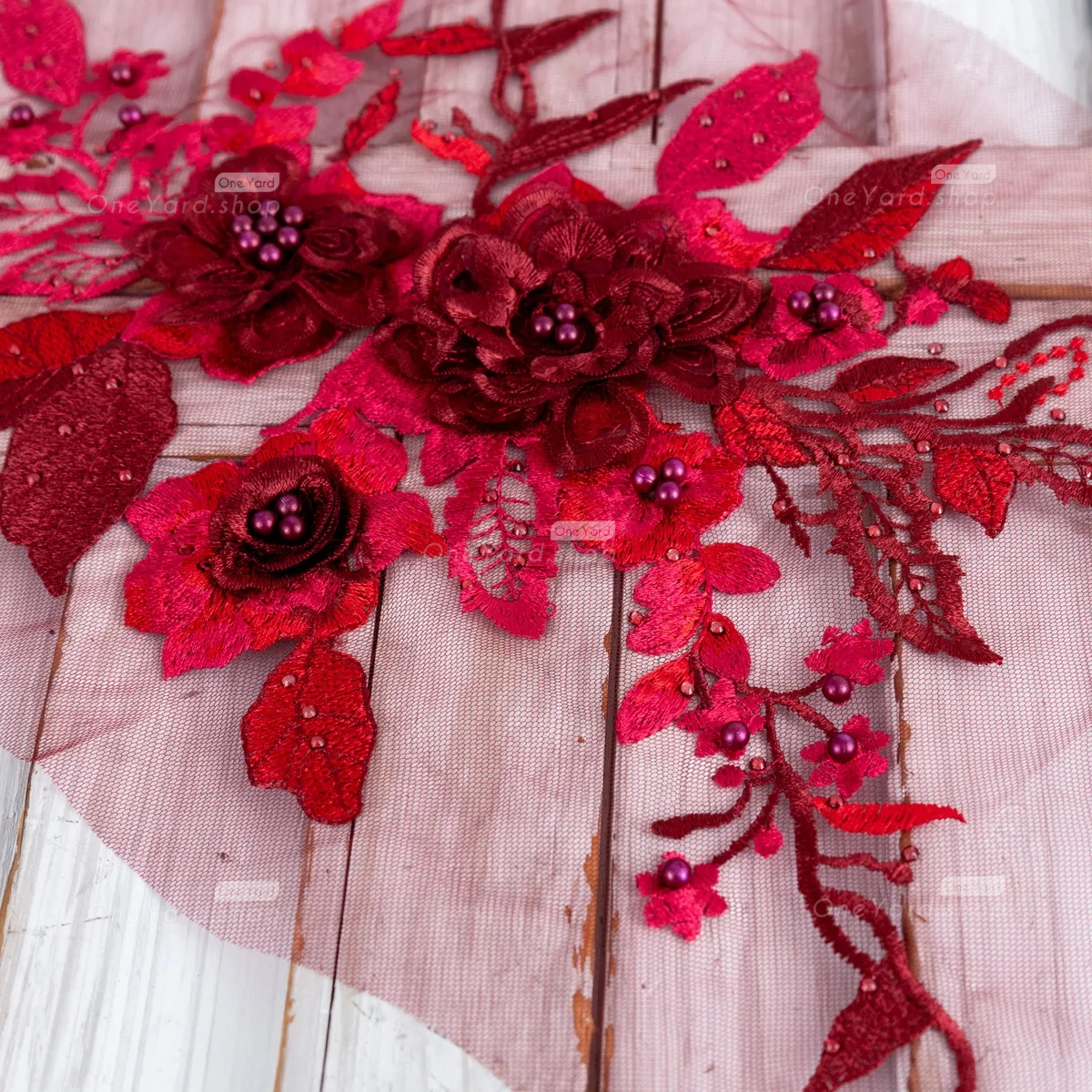 pearl bead wine 3d lace flower applique