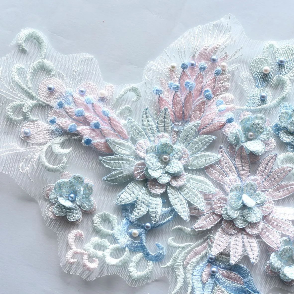 pink and blue pearled 3d flower lace appliques pink and blue pearled 3d flower lace appliques