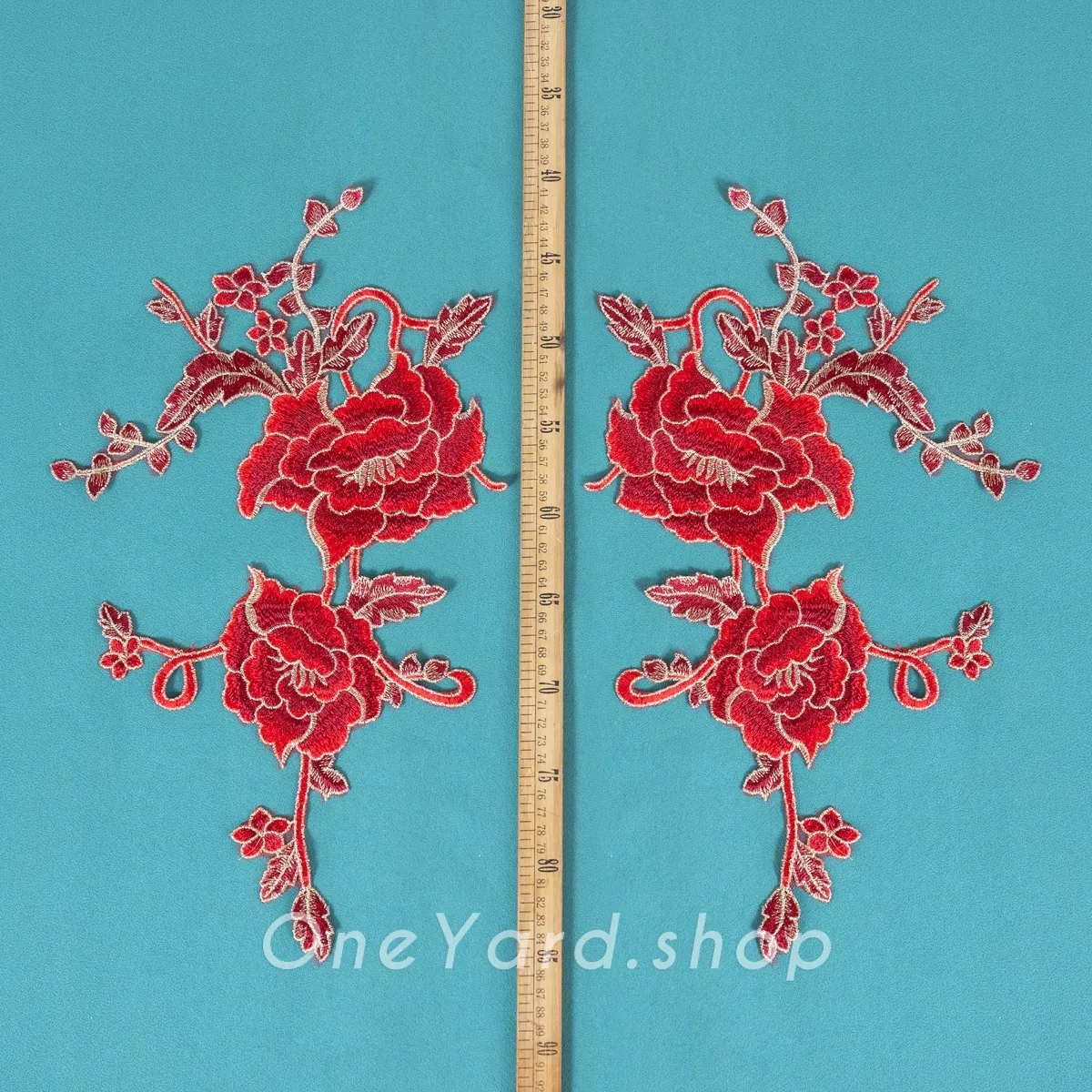 dark red peony lace appliques with gold thread