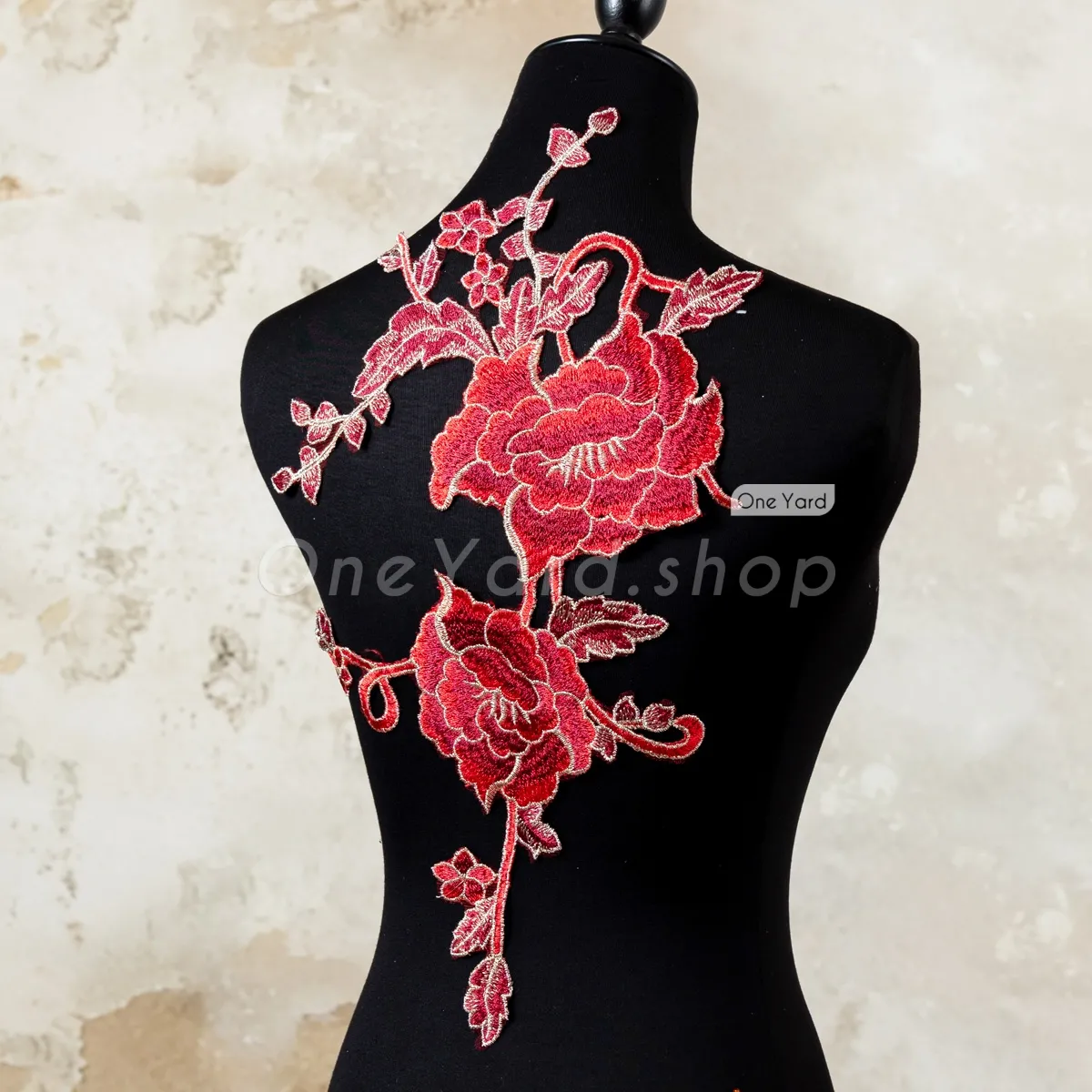 dark red peony with gold thread bordered embroidery lace patch