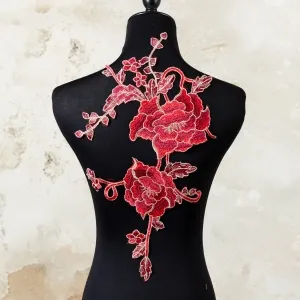 gold bordered dark red peony embroidery lace patches