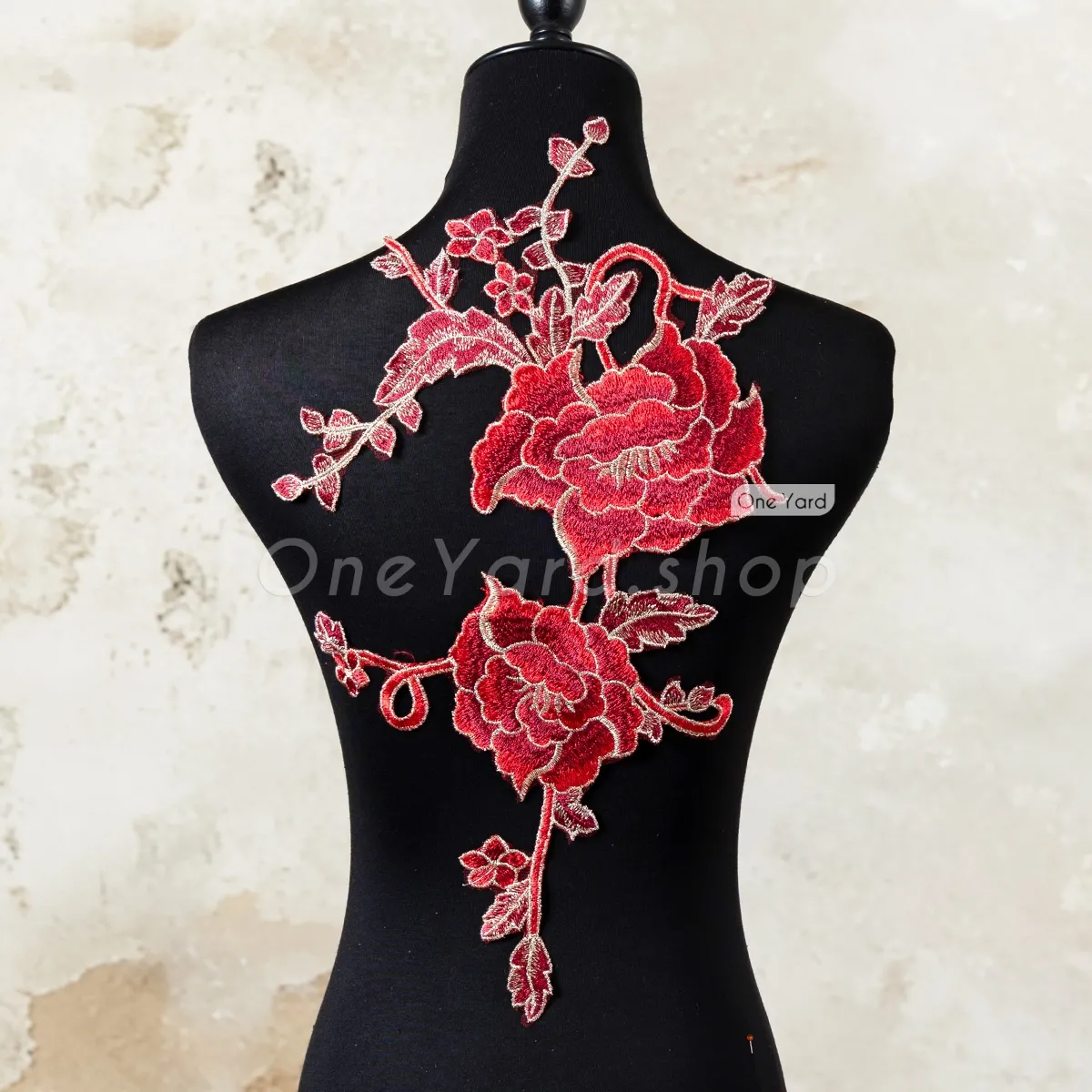 gold bordered dark red peony embroidery lace patches
