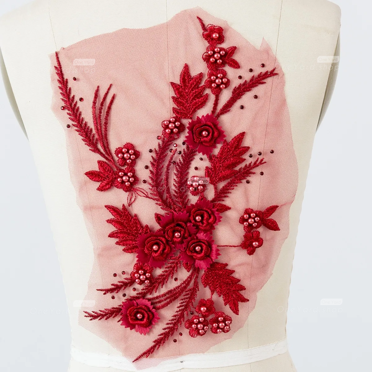 beaded 3D flower leaf lace applique in a vibrant wine color
