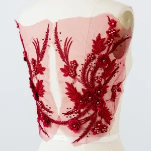 pearled 3d flower leaf embroidery wine lace applique