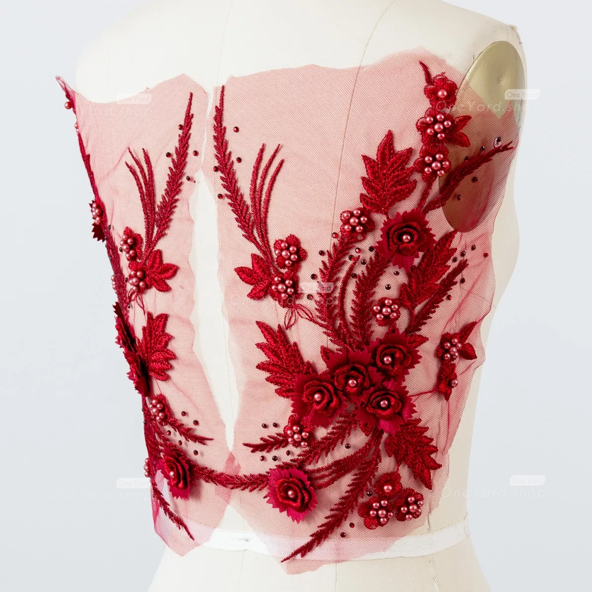 pearled 3d flower leaf embroidery wine lace applique