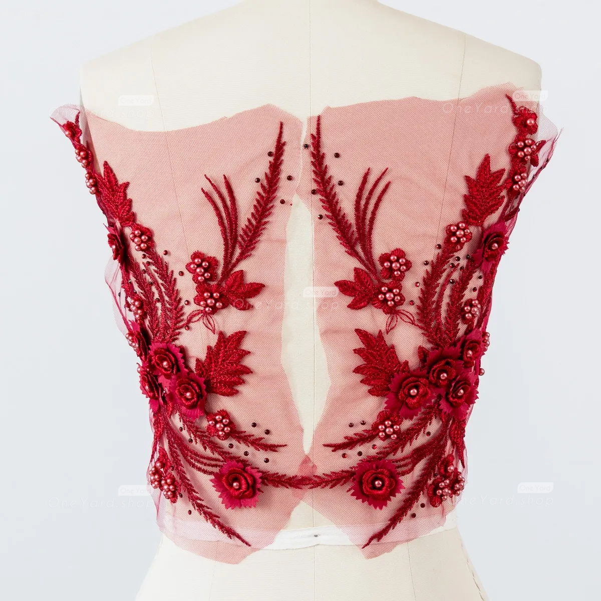 pearled 3d flower wine lace applique