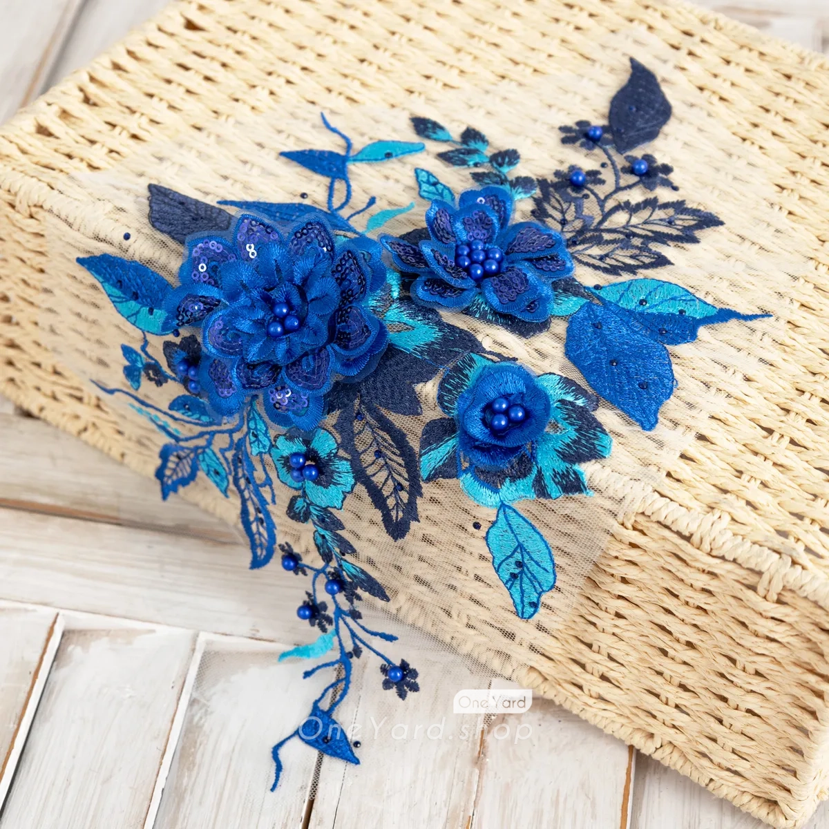 gorgeous beaded blue applique with 3D flower pattern